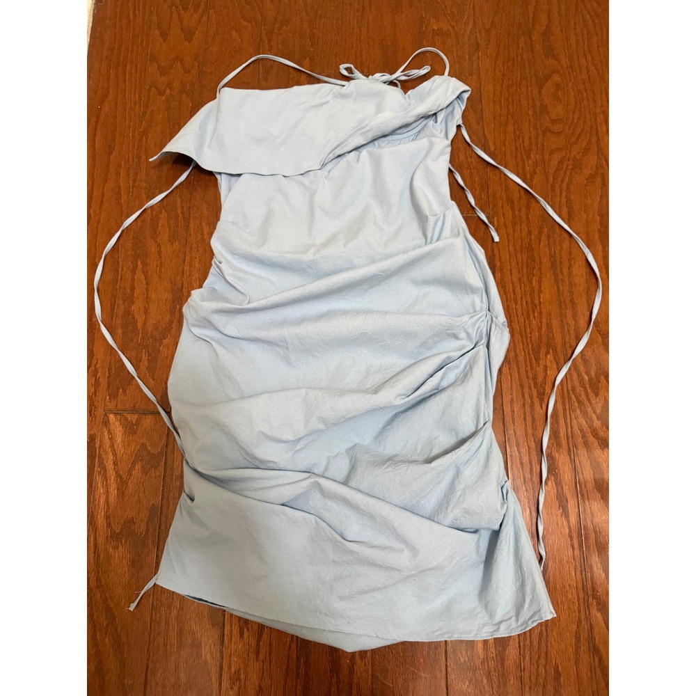 House of CB London Lana Light Blue Ruched Halter Mini Dress Cotton Linen  Small